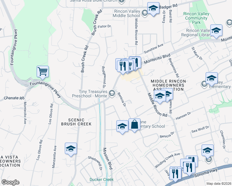 map of restaurants, bars, coffee shops, grocery stores, and more near in Santa Rosa