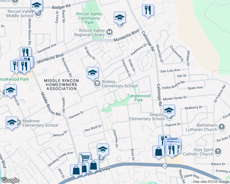 map of restaurants, bars, coffee shops, grocery stores, and more near 4984 Canyon Drive in Santa Rosa