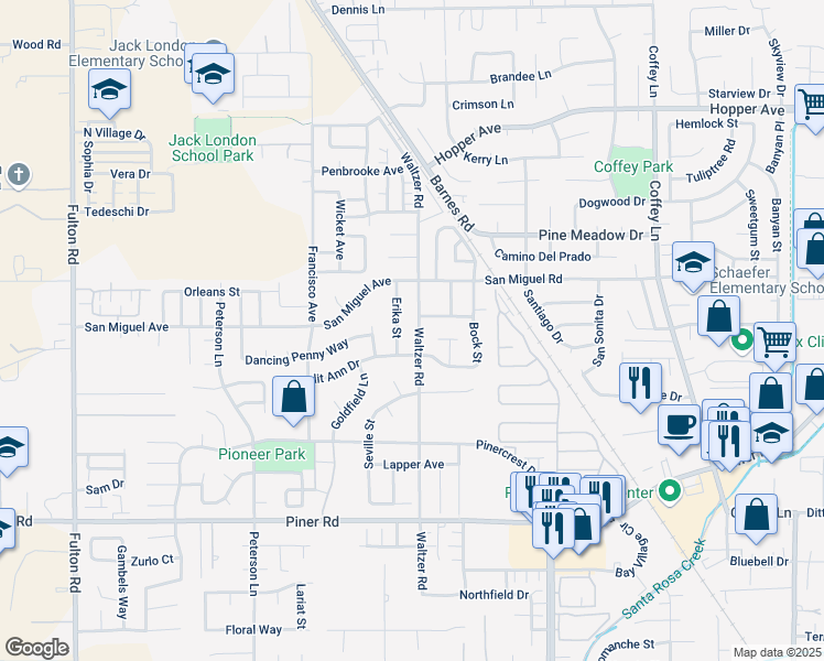 map of restaurants, bars, coffee shops, grocery stores, and more near 2139 Waltzer Road in Santa Rosa