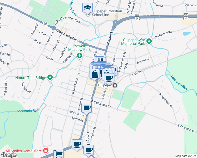 map of restaurants, bars, coffee shops, grocery stores, and more near 117 South Main Street in Culpeper