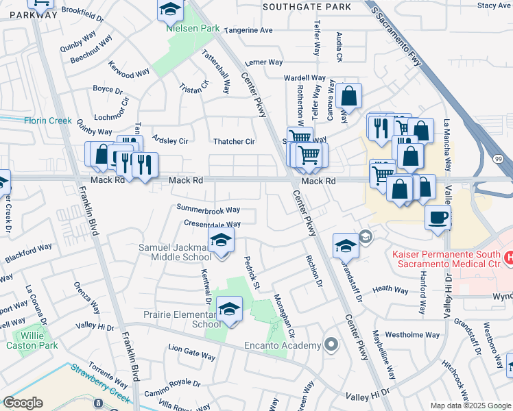 map of restaurants, bars, coffee shops, grocery stores, and more near 5385 Summerbrook Way in Sacramento