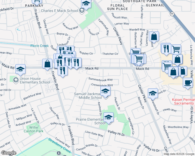 map of restaurants, bars, coffee shops, grocery stores, and more near 4960 Mack Road in Sacramento
