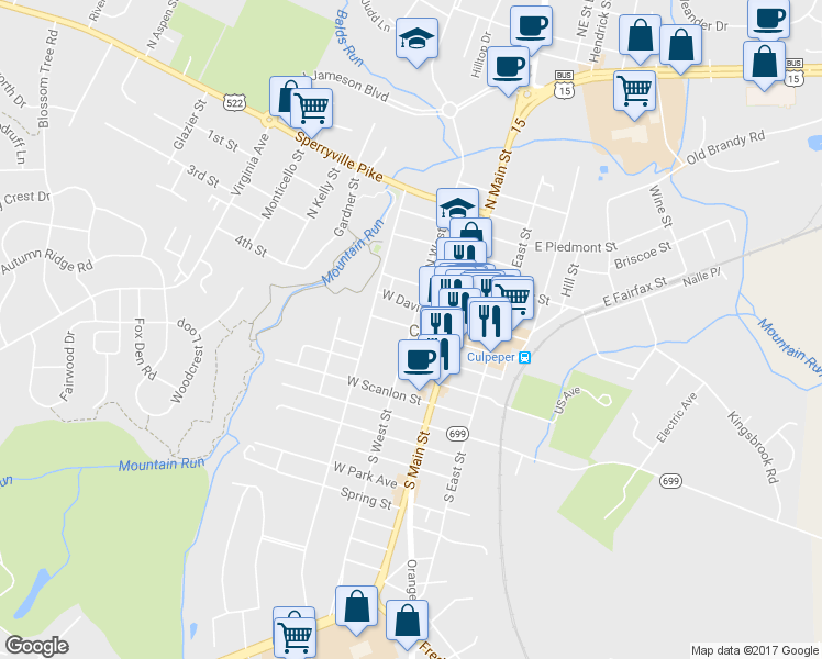 map of restaurants, bars, coffee shops, grocery stores, and more near 200 South West Street in Culpeper