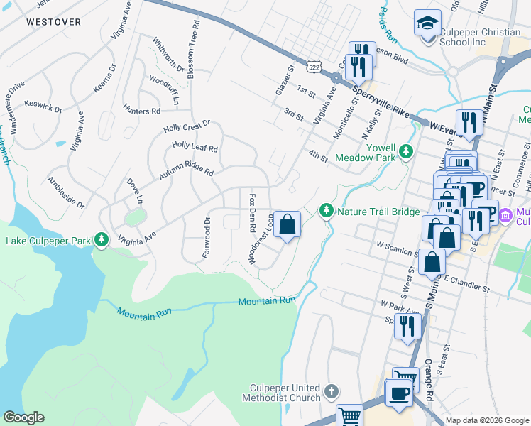 map of restaurants, bars, coffee shops, grocery stores, and more near 798 Prosperity Road in Culpeper