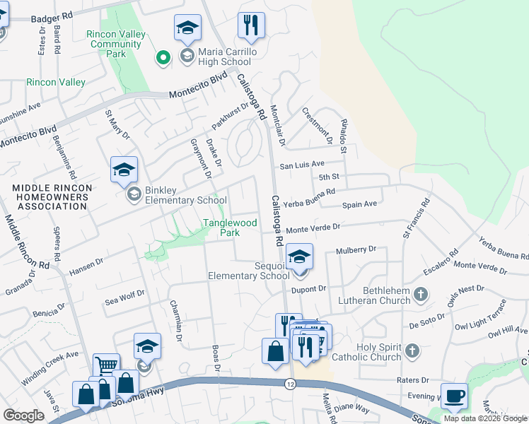 map of restaurants, bars, coffee shops, grocery stores, and more near 452 Garfield Park Avenue in Santa Rosa