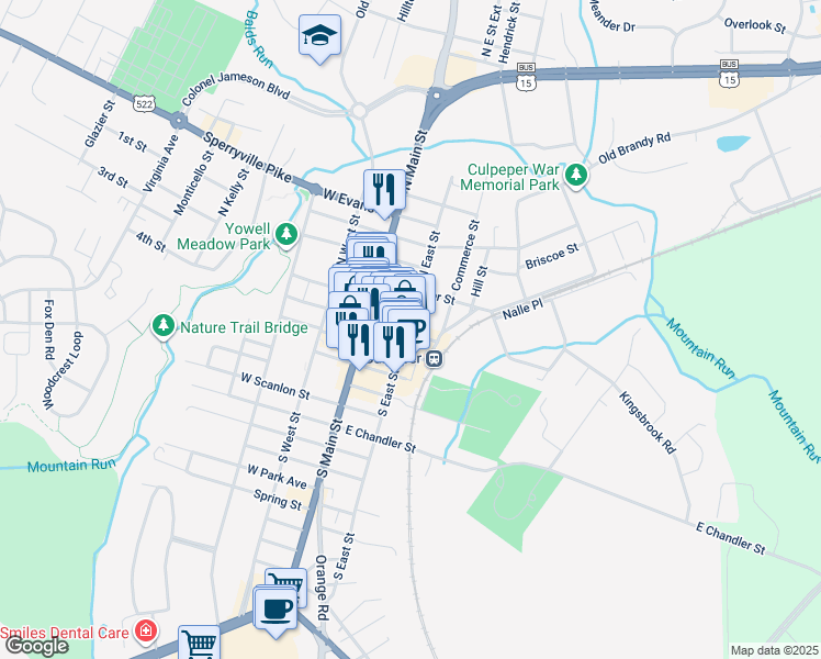 map of restaurants, bars, coffee shops, grocery stores, and more near 202 East Davis Street in Culpeper