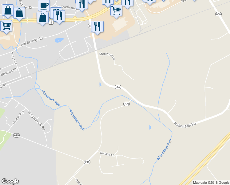 map of restaurants, bars, coffee shops, grocery stores, and more near 15304 Nalles Mill Road in Culpeper