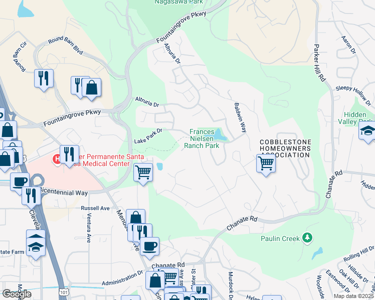 map of restaurants, bars, coffee shops, grocery stores, and more near 3434 Terra Linda Drive in Santa Rosa