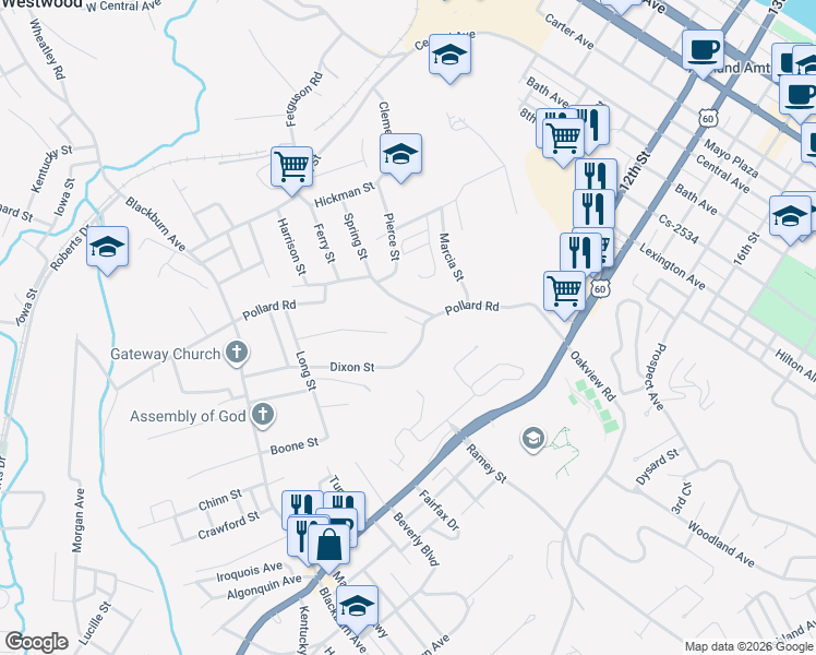 map of restaurants, bars, coffee shops, grocery stores, and more near 504 Pollard Road in Ashland