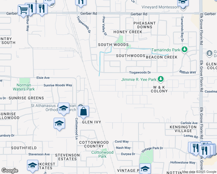 map of restaurants, bars, coffee shops, grocery stores, and more near 8604 Tiogawoods Drive in Sacramento