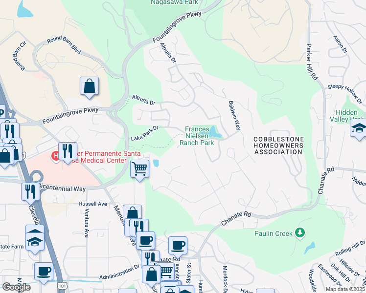 map of restaurants, bars, coffee shops, grocery stores, and more near 3434 Terra Linda Drive in Santa Rosa