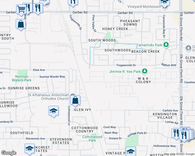 map of restaurants, bars, coffee shops, grocery stores, and more near 8604 Tiogawoods Drive in Sacramento