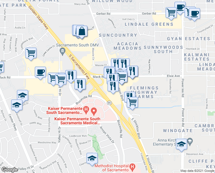 map of restaurants, bars, coffee shops, grocery stores, and more near 11 Quinta Court in Sacramento