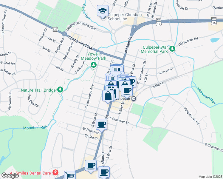 map of restaurants, bars, coffee shops, grocery stores, and more near 139 West Davis Street in Culpeper