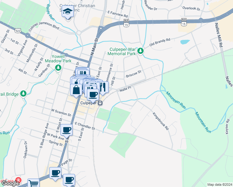 map of restaurants, bars, coffee shops, grocery stores, and more near 603 East Spencer Street in Culpeper