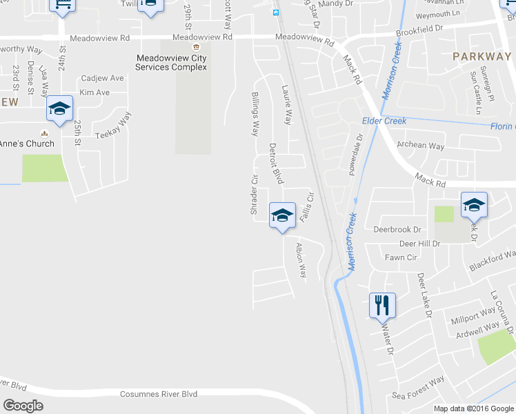 map of restaurants, bars, coffee shops, grocery stores, and more near 7821 Shrader Circle in Sacramento