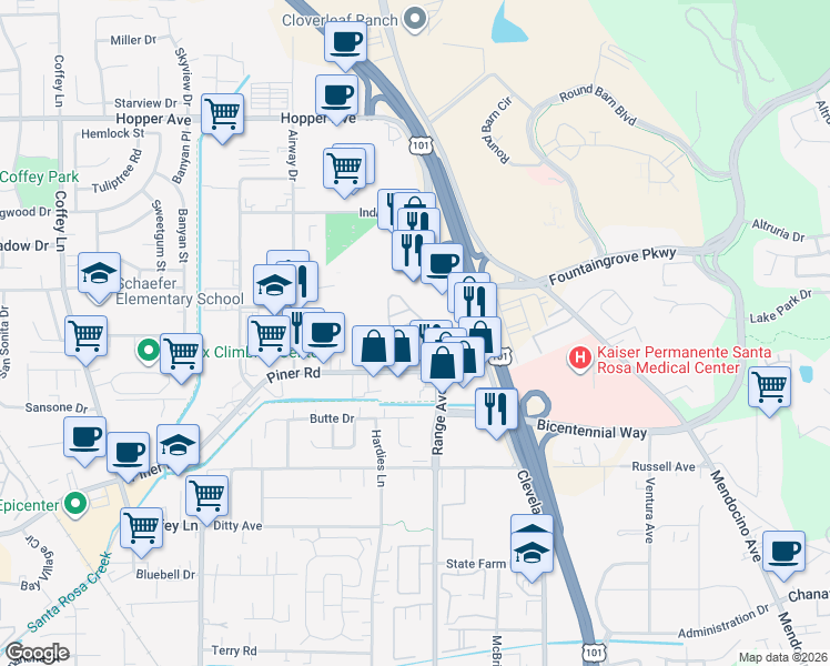 map of restaurants, bars, coffee shops, grocery stores, and more near 3126 Loretta Way in Santa Rosa