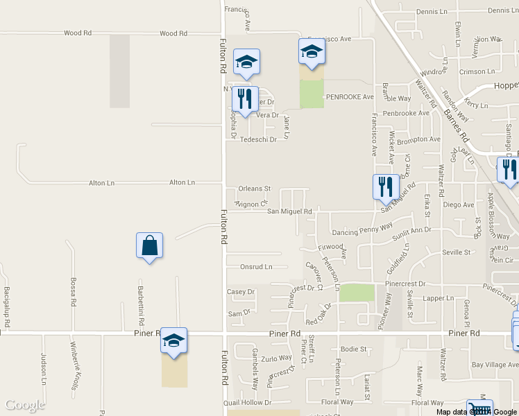 map of restaurants, bars, coffee shops, grocery stores, and more near 2407 Avignon Circle in Santa Rosa