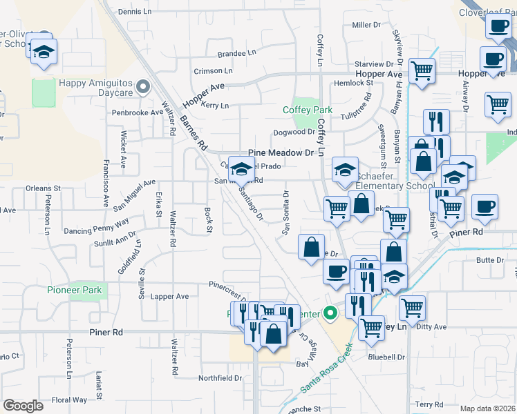 map of restaurants, bars, coffee shops, grocery stores, and more near 1946 San Marcos Drive in Santa Rosa