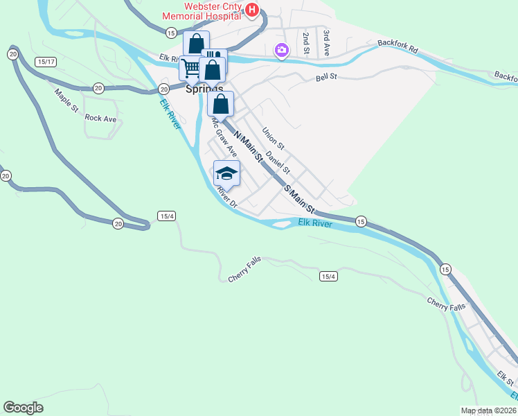 map of restaurants, bars, coffee shops, grocery stores, and more near West McCutcheon Street in Webster Springs