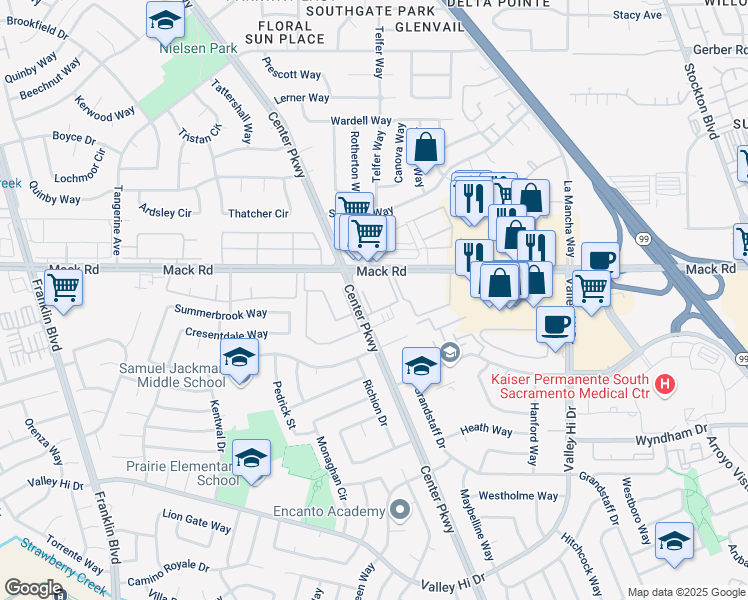 map of restaurants, bars, coffee shops, grocery stores, and more near 7834 Center Parkway Lane in Sacramento