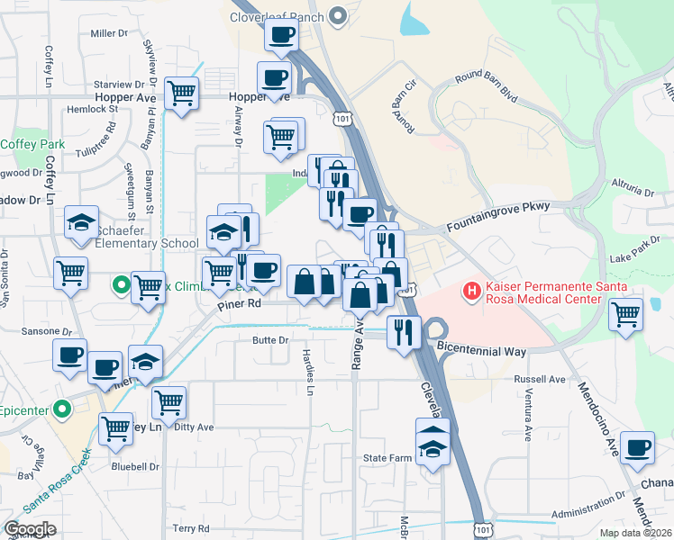 map of restaurants, bars, coffee shops, grocery stores, and more near 3126 Loretta Way in Santa Rosa