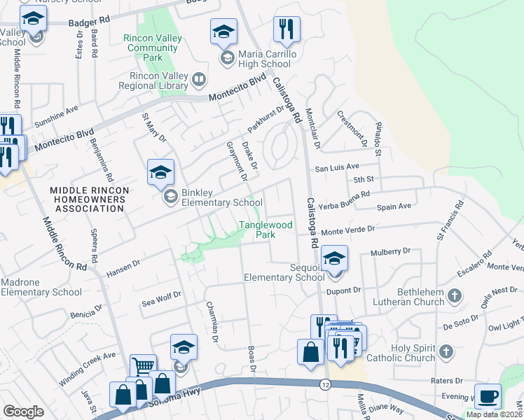 map of restaurants, bars, coffee shops, grocery stores, and more near 509 Oak Lake Avenue in Santa Rosa