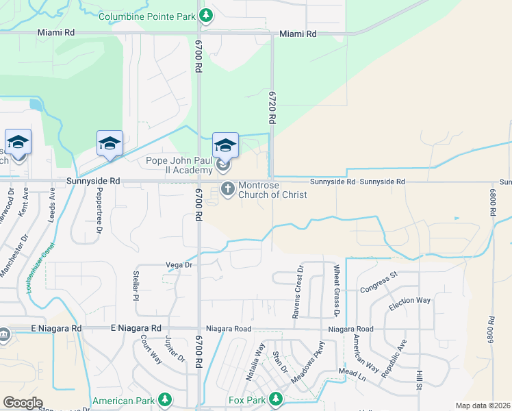 map of restaurants, bars, coffee shops, grocery stores, and more near 67196 Sunnyside Road in Montrose