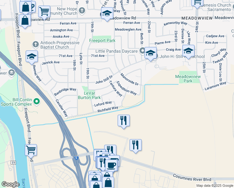 map of restaurants, bars, coffee shops, grocery stores, and more near 7945 Tantura Way in Sacramento