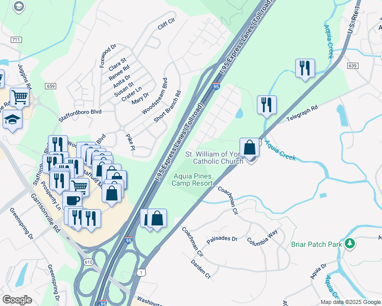map of restaurants, bars, coffee shops, grocery stores, and more near 103 Coral Reef Court in Stafford