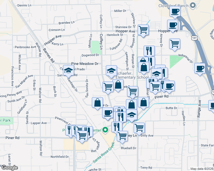 map of restaurants, bars, coffee shops, grocery stores, and more near 1795 Walnut Creek Drive in Santa Rosa