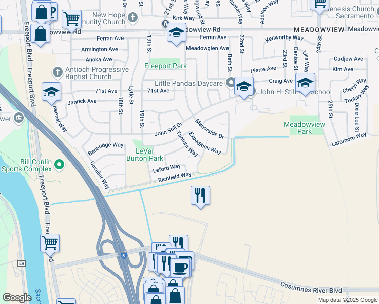 map of restaurants, bars, coffee shops, grocery stores, and more near 7945 Tantura Way in Sacramento