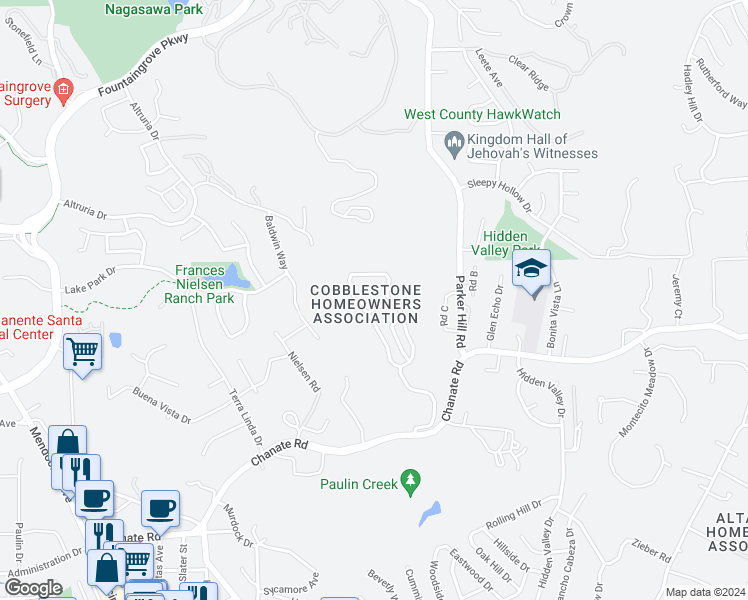 map of restaurants, bars, coffee shops, grocery stores, and more near 3245 Cobblestone Drive in Santa Rosa