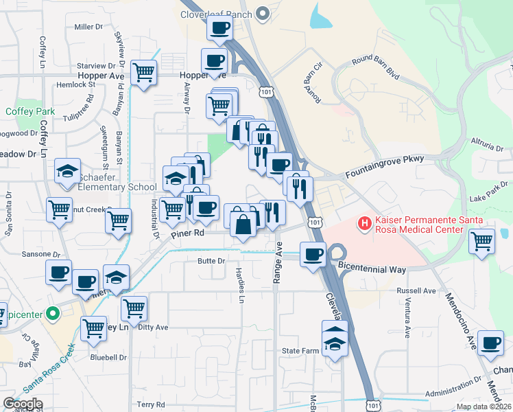 map of restaurants, bars, coffee shops, grocery stores, and more near 3129 Clare Avenue in Santa Rosa