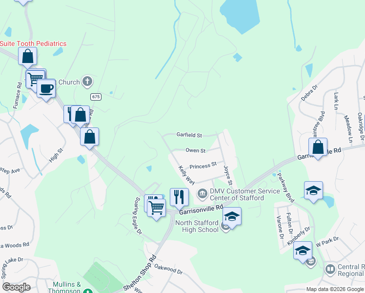 map of restaurants, bars, coffee shops, grocery stores, and more near 22 Owen Street in Stafford