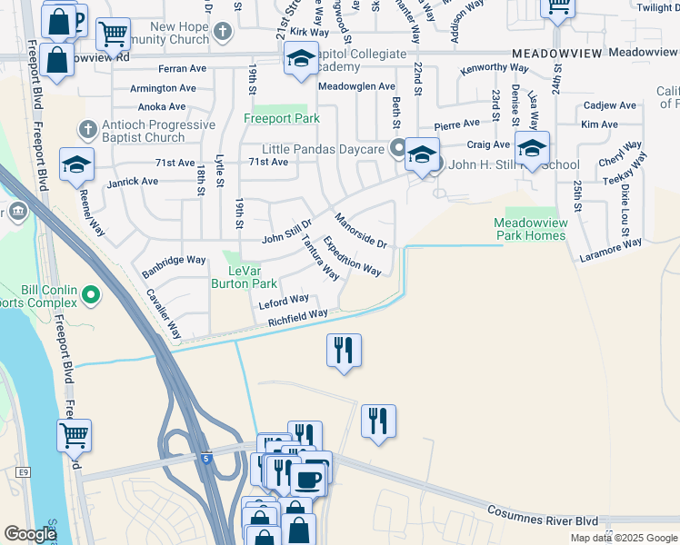 map of restaurants, bars, coffee shops, grocery stores, and more near 7957 Tantura Way in Sacramento