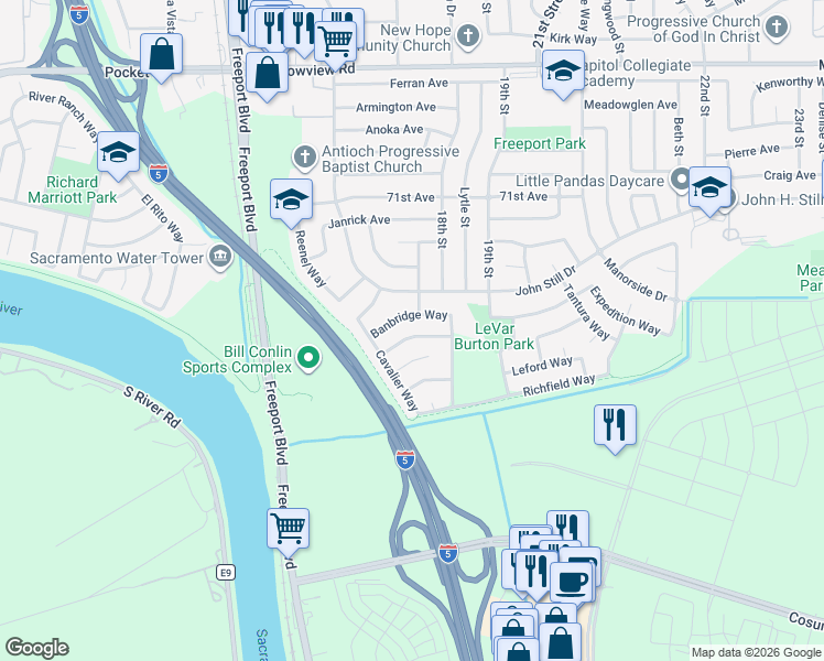 map of restaurants, bars, coffee shops, grocery stores, and more near 1757 Highbridge Way in Sacramento