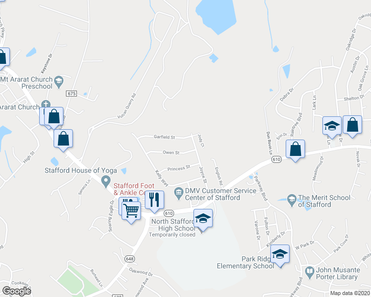 map of restaurants, bars, coffee shops, grocery stores, and more near 6 Owen Street in Stafford