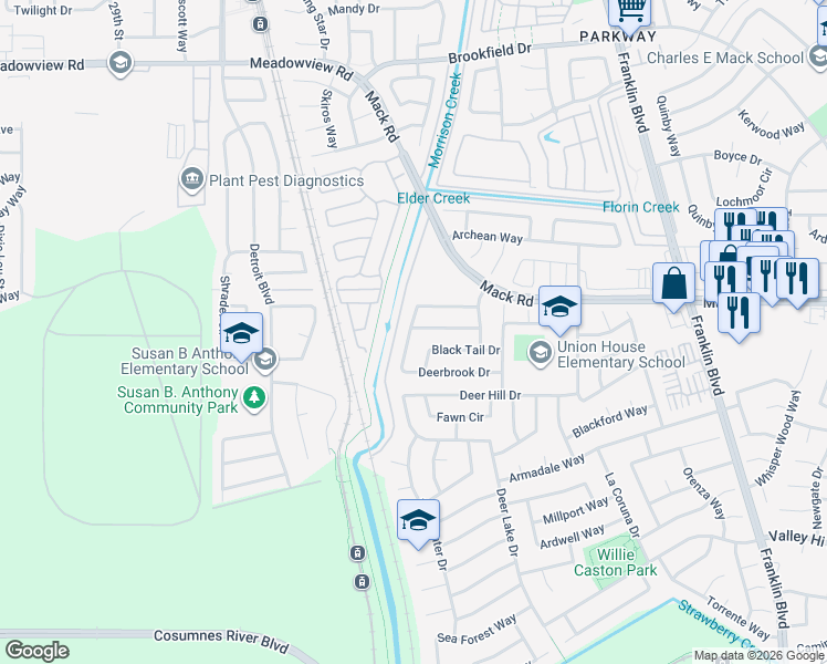 map of restaurants, bars, coffee shops, grocery stores, and more near 3970 Deer Run Way in Sacramento