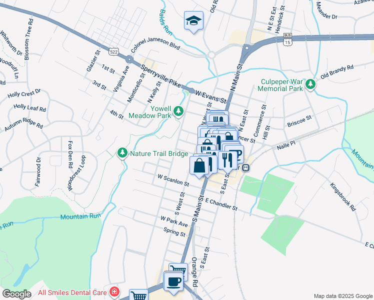 map of restaurants, bars, coffee shops, grocery stores, and more near 210 West Culpeper Street in Culpeper