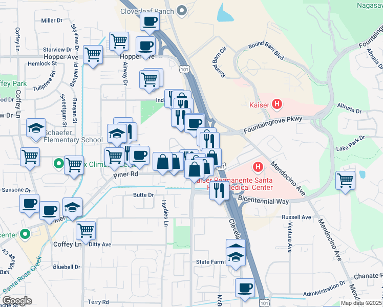 map of restaurants, bars, coffee shops, grocery stores, and more near 3126 Loretta Way in Santa Rosa