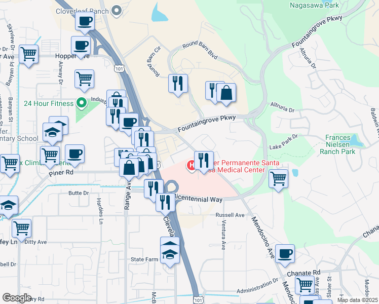 map of restaurants, bars, coffee shops, grocery stores, and more near 403 Paramount Street in Santa Rosa