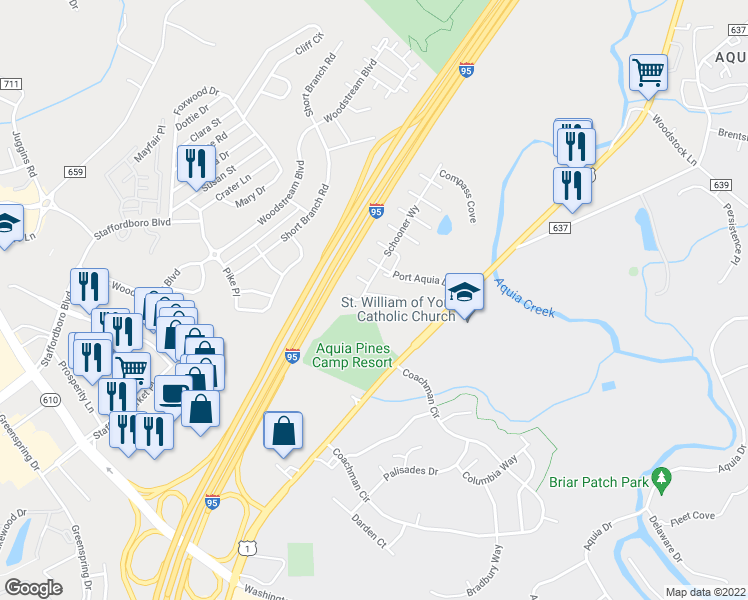map of restaurants, bars, coffee shops, grocery stores, and more near 102 Breakers Edge Court in Stafford