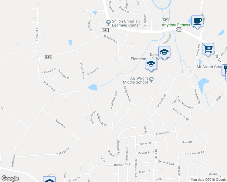 map of restaurants, bars, coffee shops, grocery stores, and more near 18 Saint Williams Way in Stafford