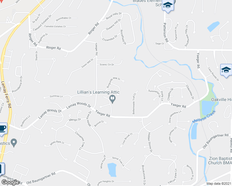map of restaurants, bars, coffee shops, grocery stores, and more near 5407 Chardonnay Way Court in St. Louis