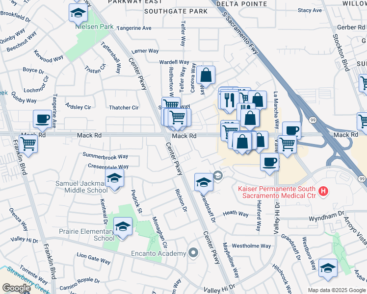 map of restaurants, bars, coffee shops, grocery stores, and more near 7834 Center Parkway Lane in Sacramento