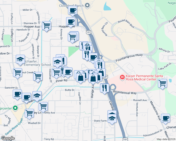 map of restaurants, bars, coffee shops, grocery stores, and more near 3126 Loretta Way in Santa Rosa