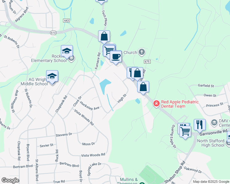 map of restaurants, bars, coffee shops, grocery stores, and more near 3 Lakeview Terrace in Stafford
