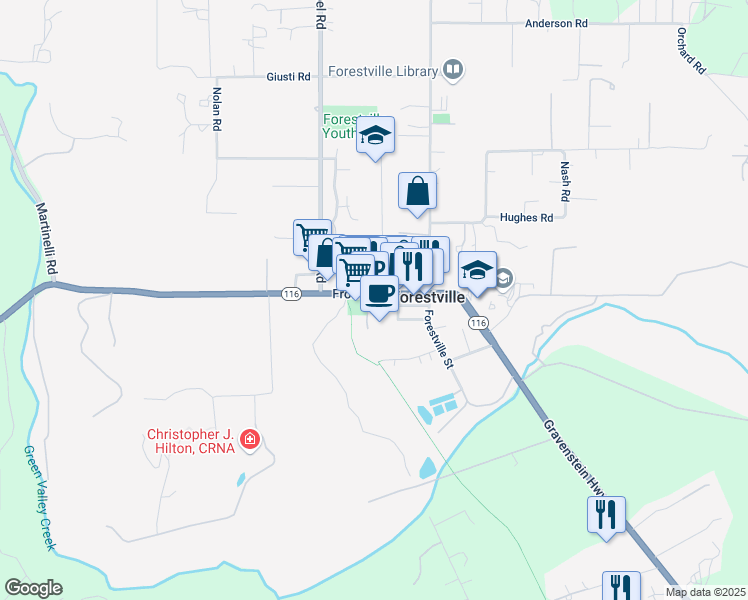 map of restaurants, bars, coffee shops, grocery stores, and more near 6655 Front Street in Forestville