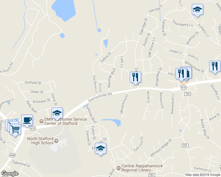 map of restaurants, bars, coffee shops, grocery stores, and more near 103 Raintree Blvd in Stafford